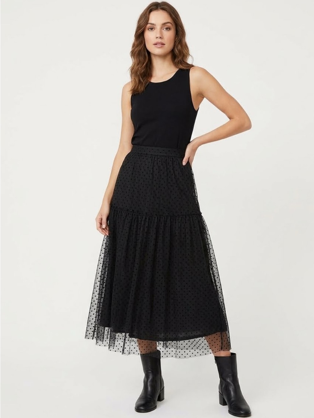 H&M NWT Black Polka Dot Layered Tulle Midi Skirt Witchy Whimsical in size 6